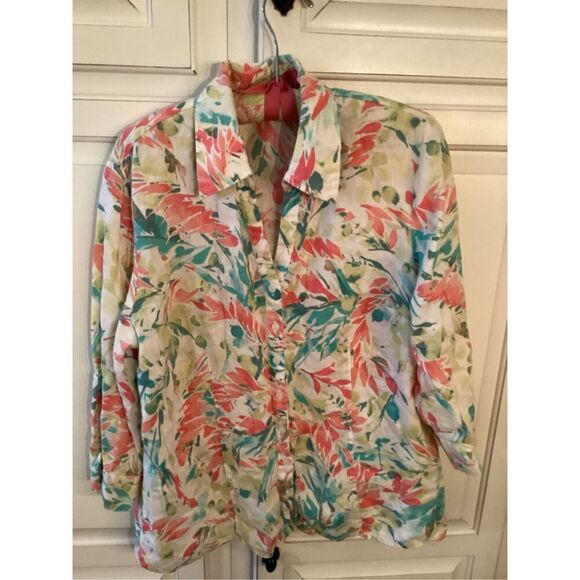 JM Collection 100% Linen Button Down Shirt Sz 14 Floral - Picture 1 of 8